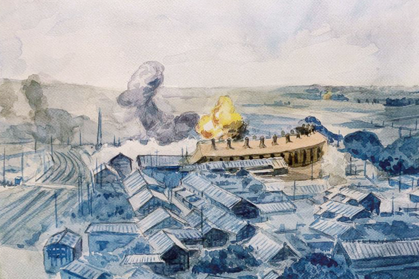 1945年4月15日盟軍空襲彰化驛及市街，扇形車庫旁大爆炸-蔡滄龍作品
